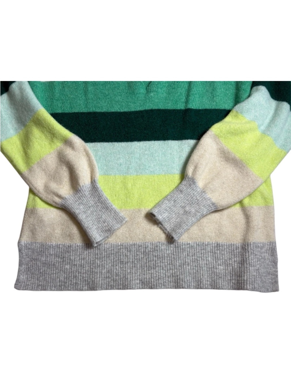 LOFT Striped V Neck Sweater Long Sleeve Green Cream Gray Striped Womens Large - Picture 5 of 9